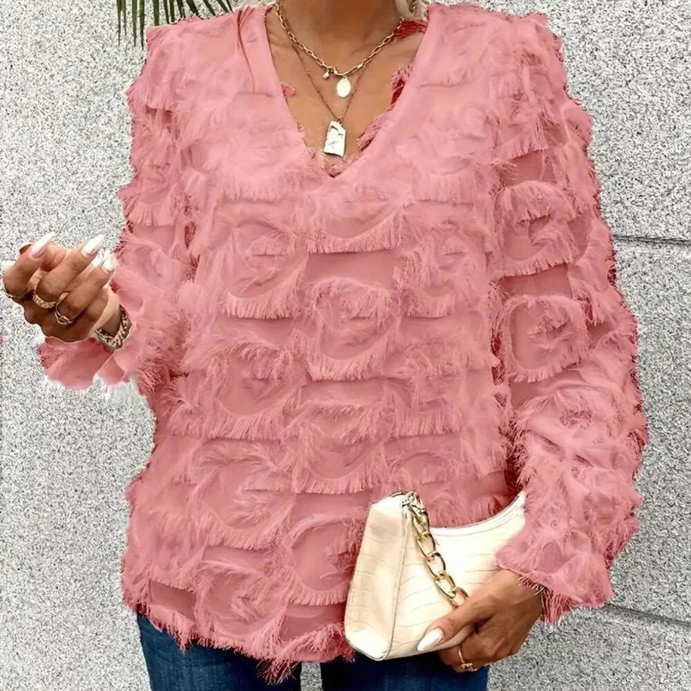 Elegant Tassel-Trim V-Neck Blouse (Color: Pink Color)